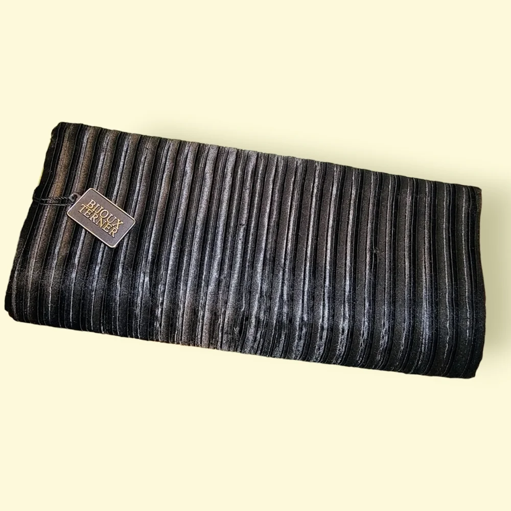 BIJOUX TERNER | Black Pleated Satin Evening Clutch Original Hang Tag
